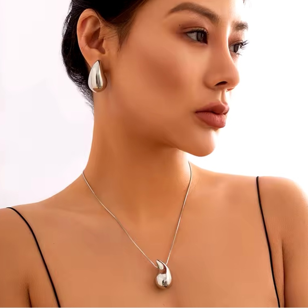 Silver Large Drop Earring Necklace Set